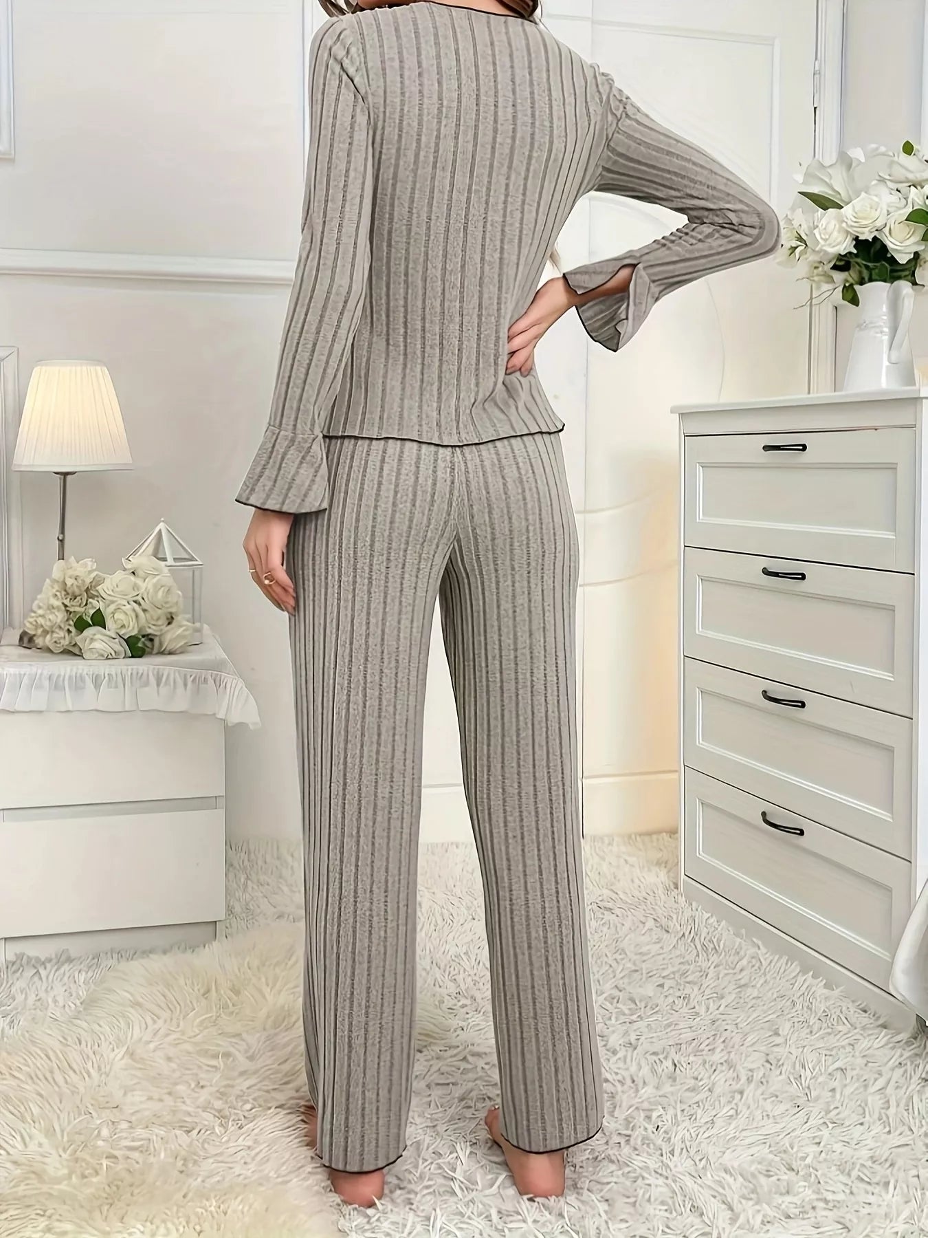 Curlyhaircode™ Ribbed Bow-Front Top & Pants Lounge Set