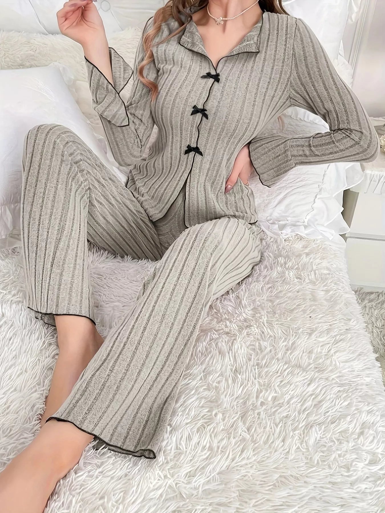 Curlyhaircode™ Ribbed Bow-Front Top & Pants Lounge Set
