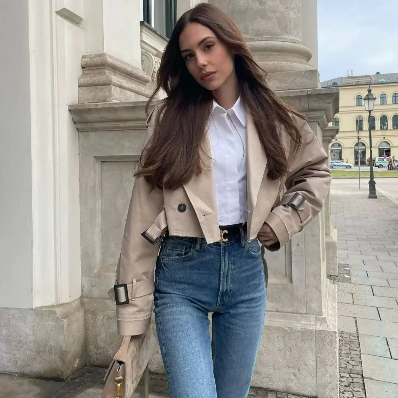 Curlyhaircode™ Belted Cropped Trench Jacket