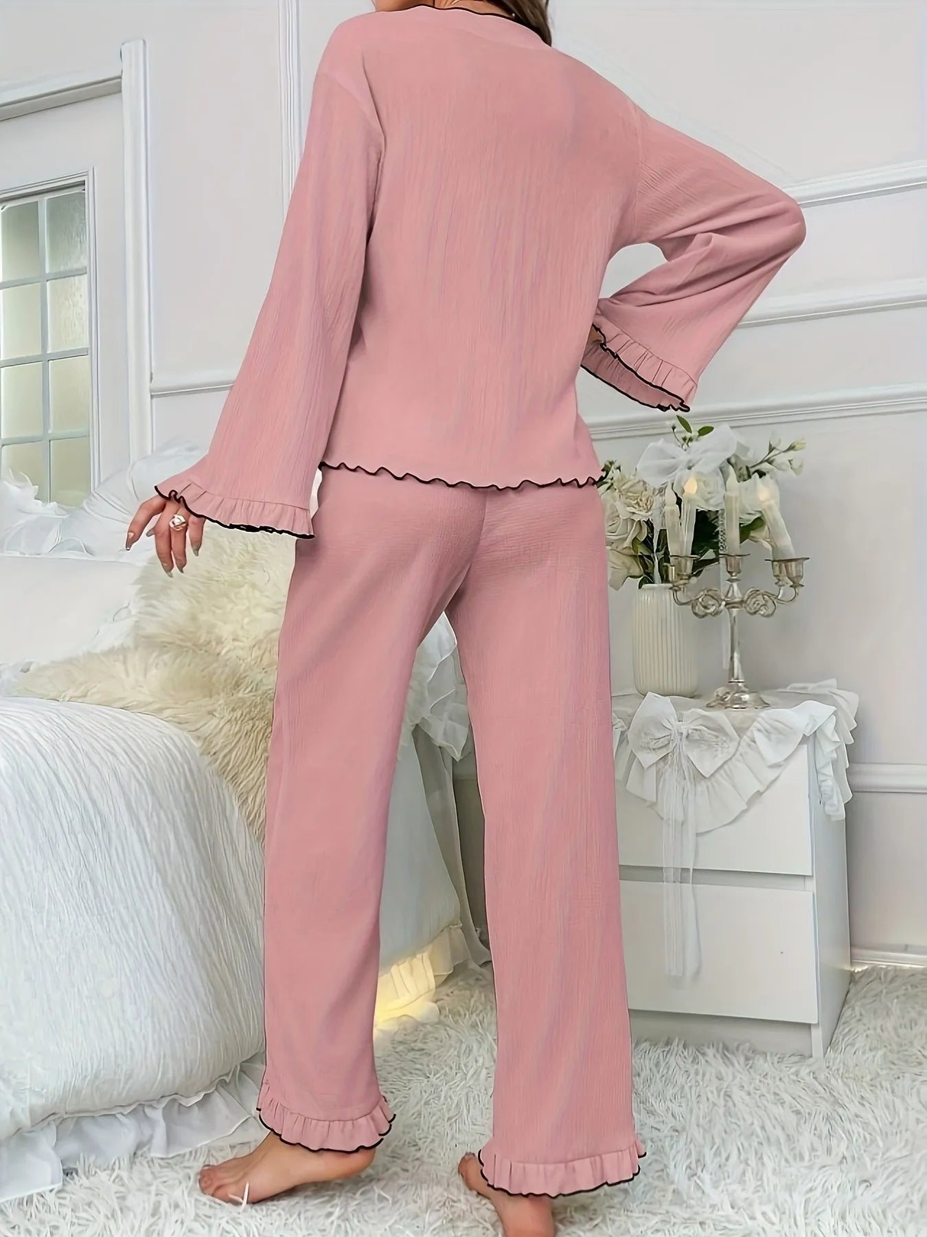 Curlyhaircode™ Contrast-Trim Bow-Tie Shirt & Pants Lounge Set