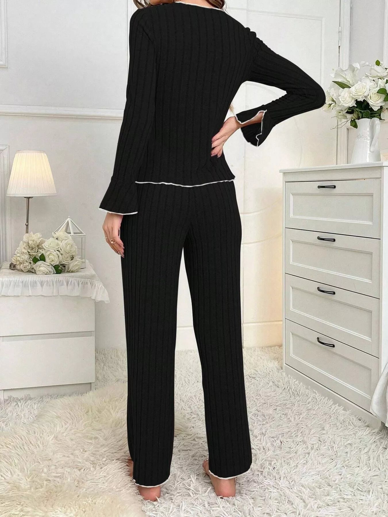 Curlyhaircode™ Ribbed Bow-Front Top & Pants Lounge Set