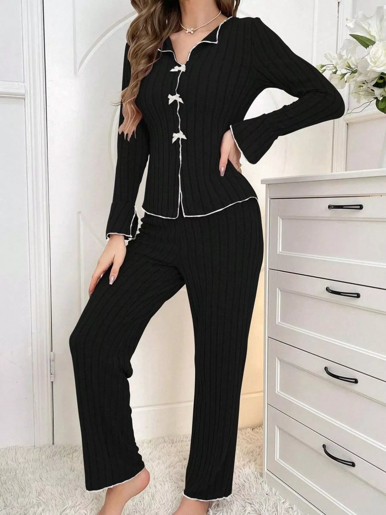 Curlyhaircode™ Ribbed Bow-Front Top & Pants Lounge Set