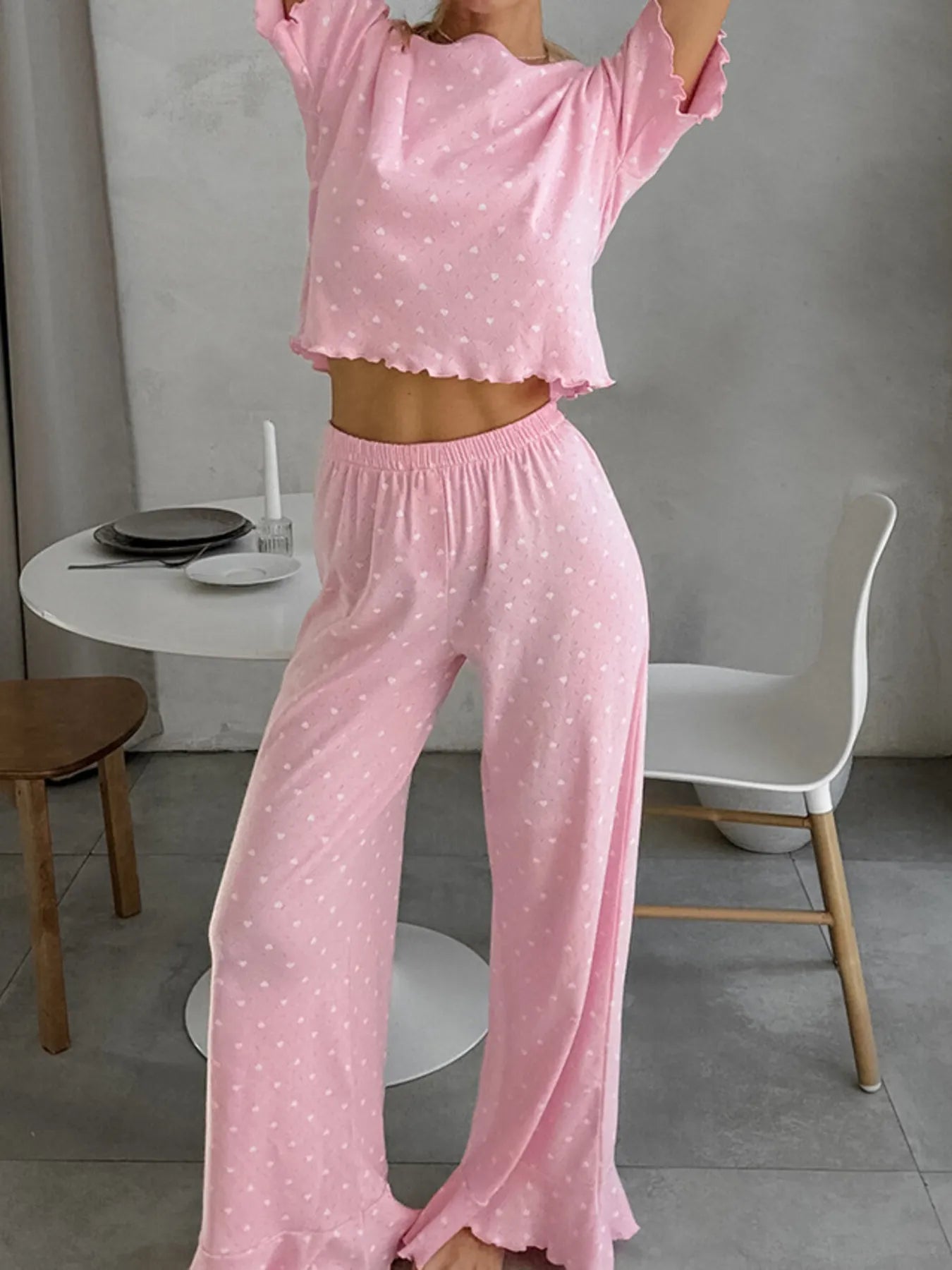 Curlyhaircode™ Polka Dot Round-Neck Top & Pants Lounge Set