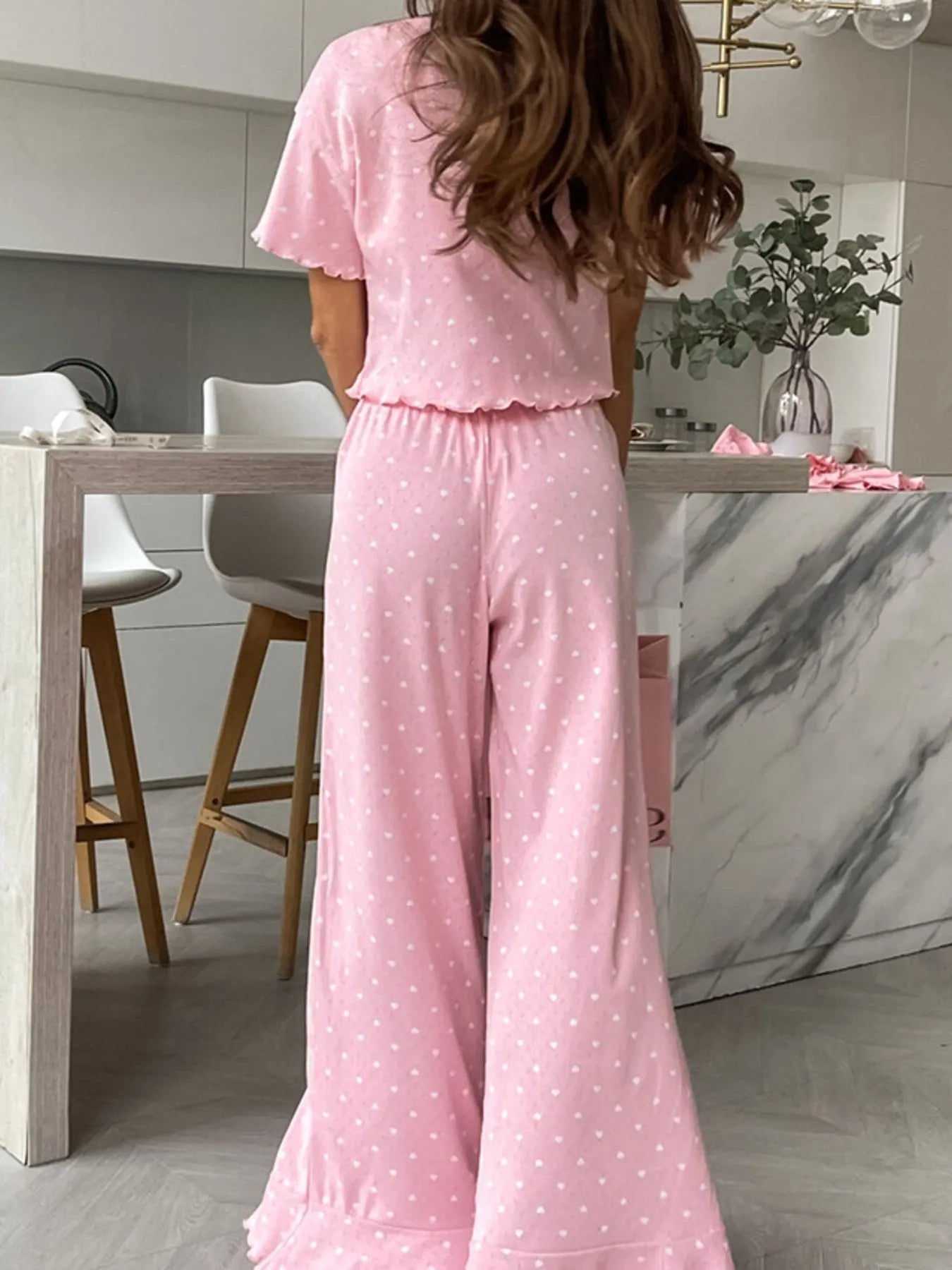Curlyhaircode™ Polka Dot Round-Neck Top & Pants Lounge Set